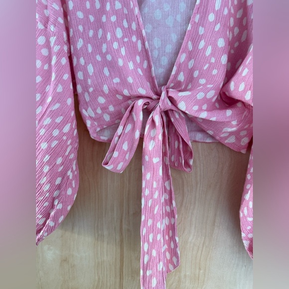 Anthropologie Pink Polka Dot Tie-Front Blouse - Picture 10 of 15